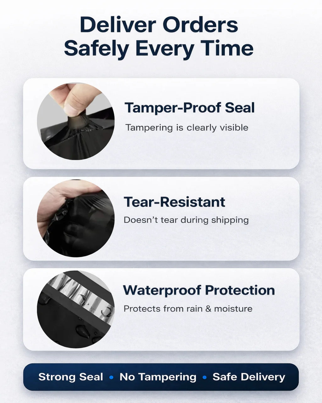 Black courier bag key features including waterproof, tamper proof, durable and secure packaging for shipping
