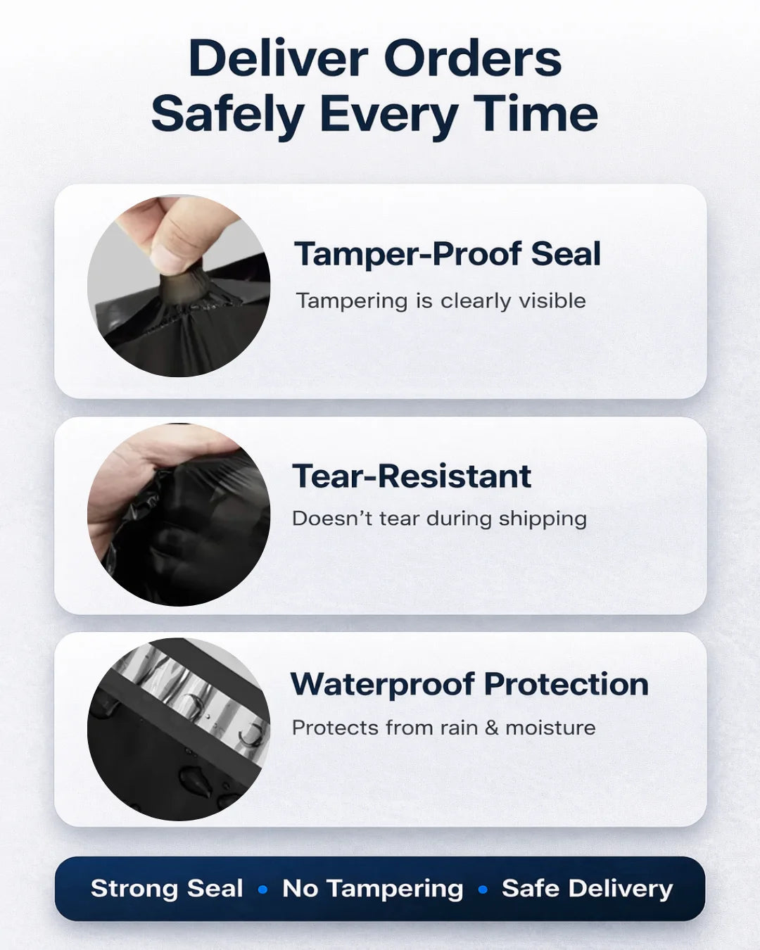 Black courier bag key features including waterproof, tamper proof, durable and secure packaging for shipping