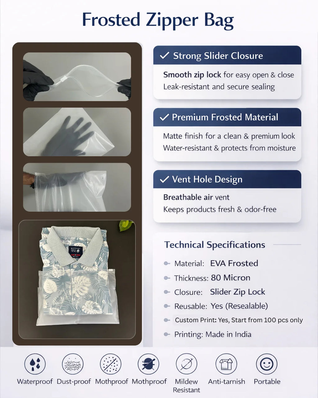 Frosted zipper bag key features including reusable design smooth zipper closure durable material and premium clothing packaging