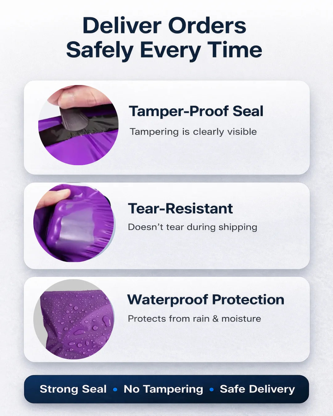 Purple courier bag key features including waterproof tamper proof strong adhesive and durable material for secure shipping