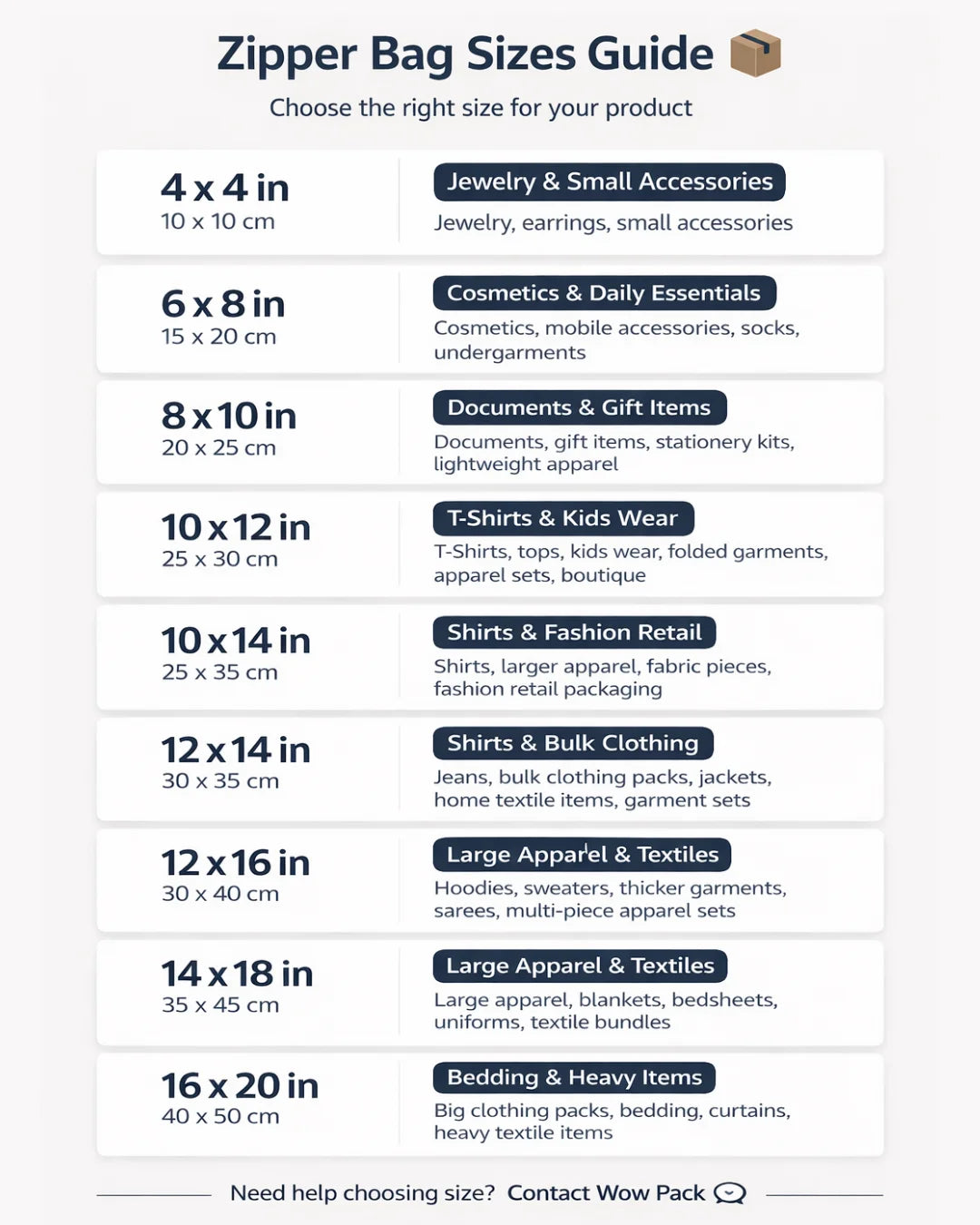 Zipper bags size guide chart with dimensions in inches and recommended uses for clothing and packaging